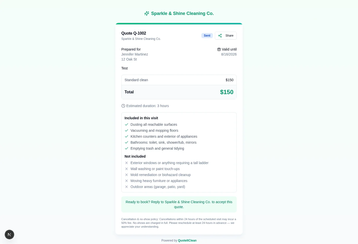 Customer-facing cleaning quote with itemized pricing and inclusions