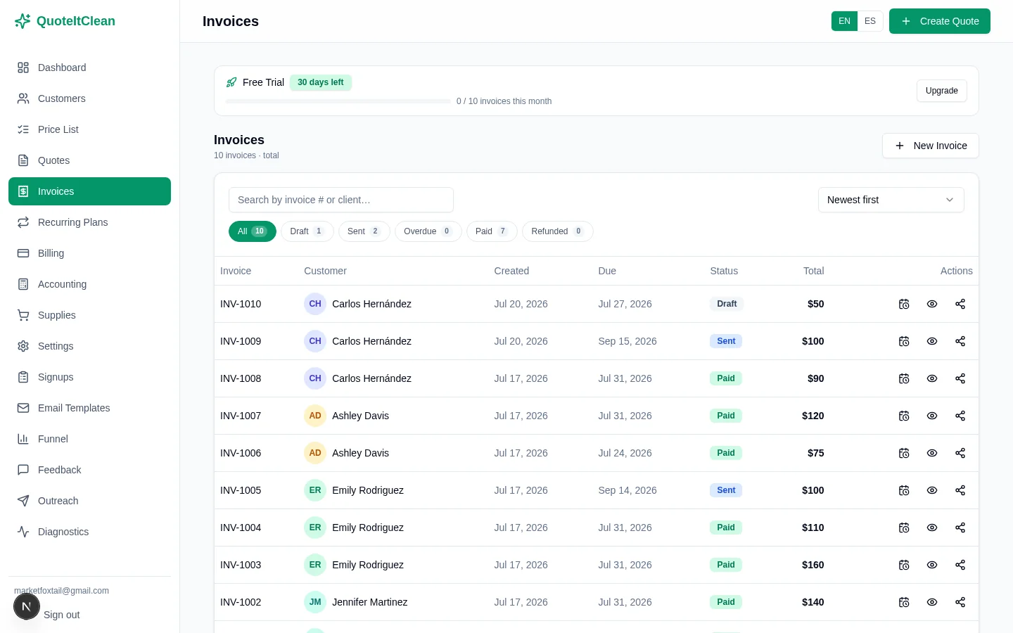 Invoices screen