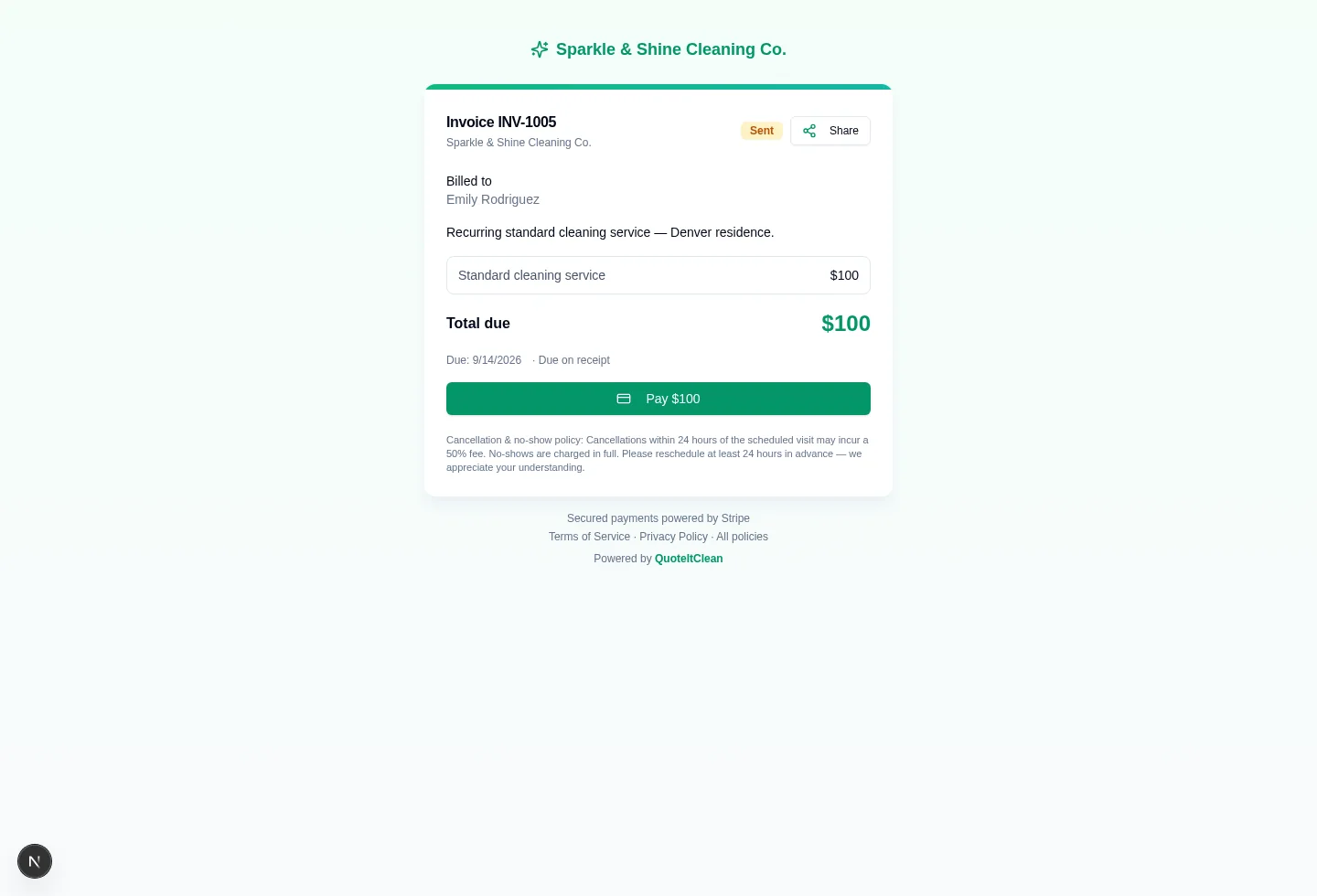 Customer payment screen